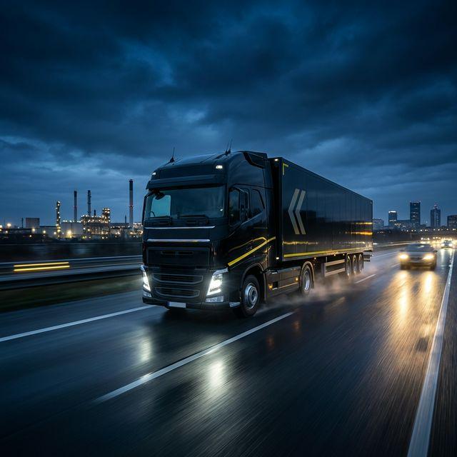 Modern logistics truck on highway at night